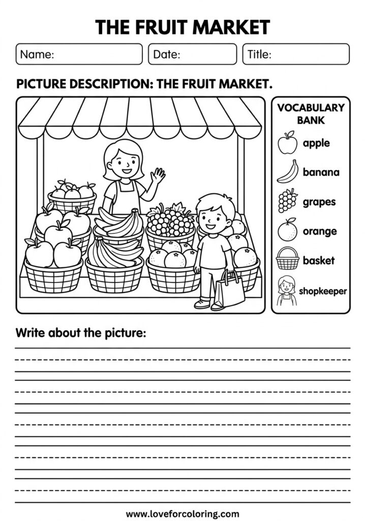 Fruit market picture description worksheet