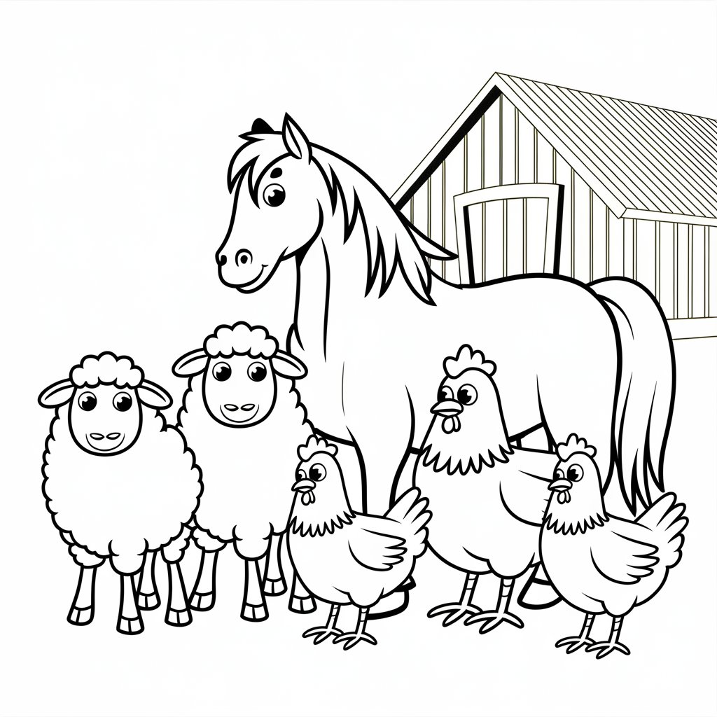 Horse Coloring Pages on the Farmyard. 