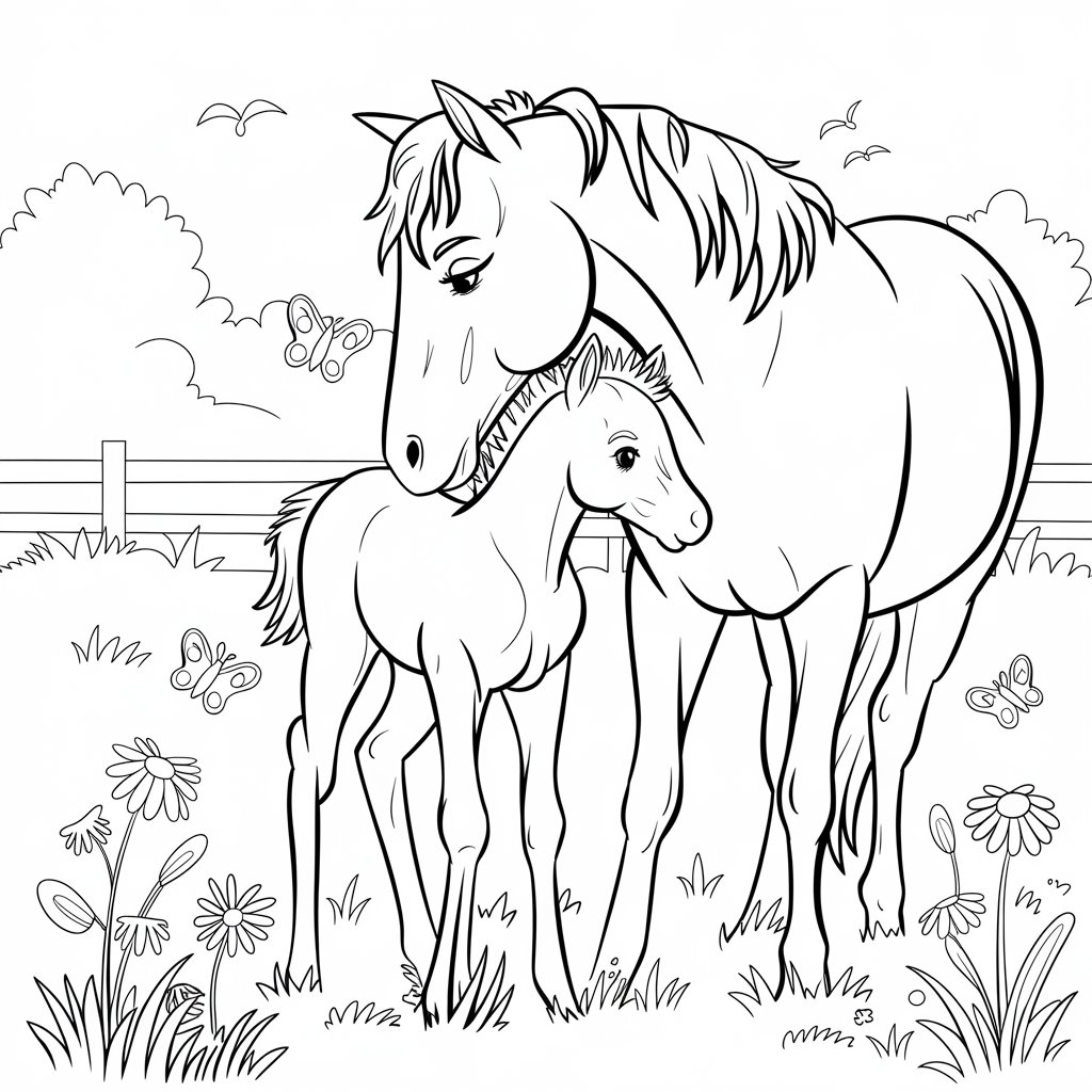 Horse coloring page with a foal