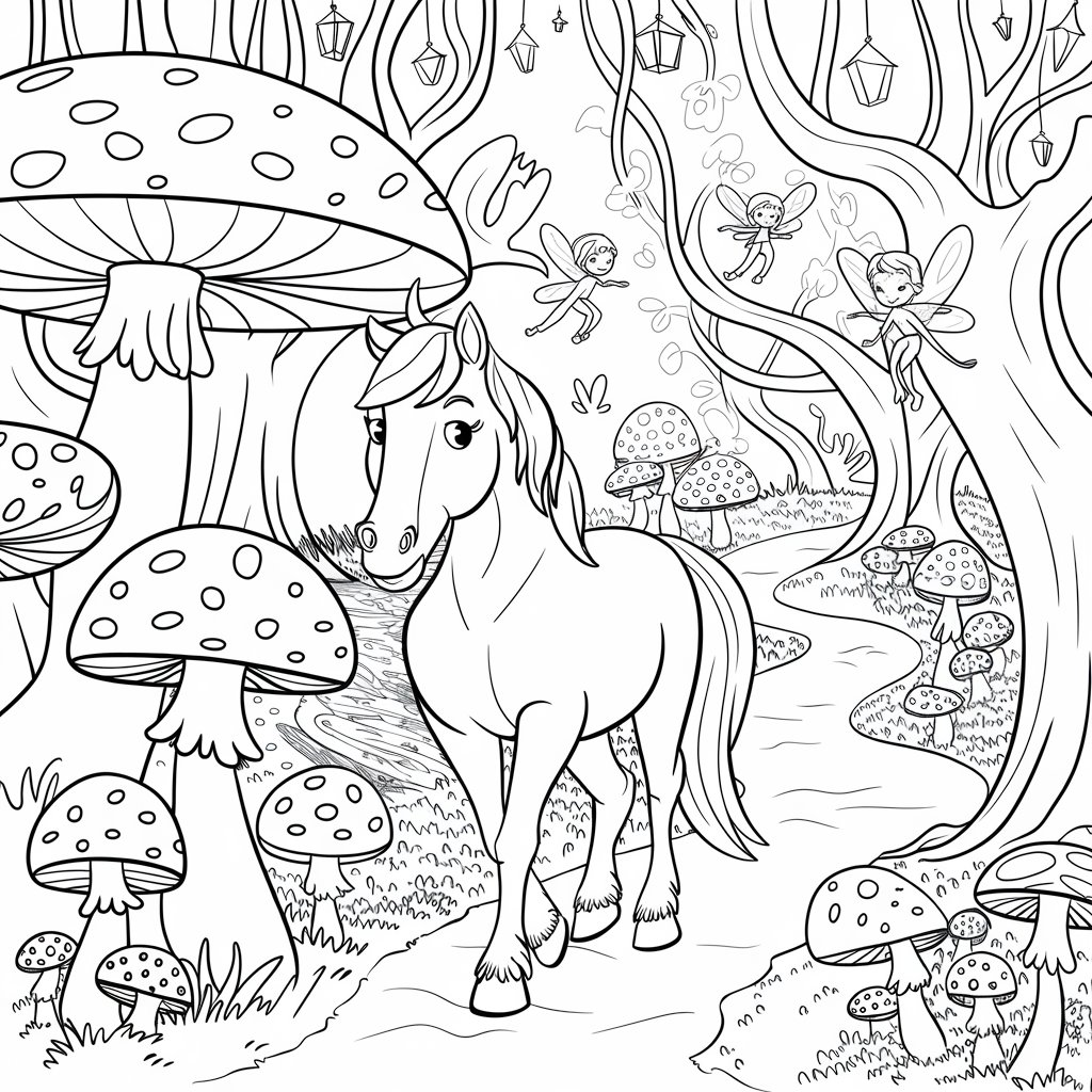 Horse coloring page and fairies