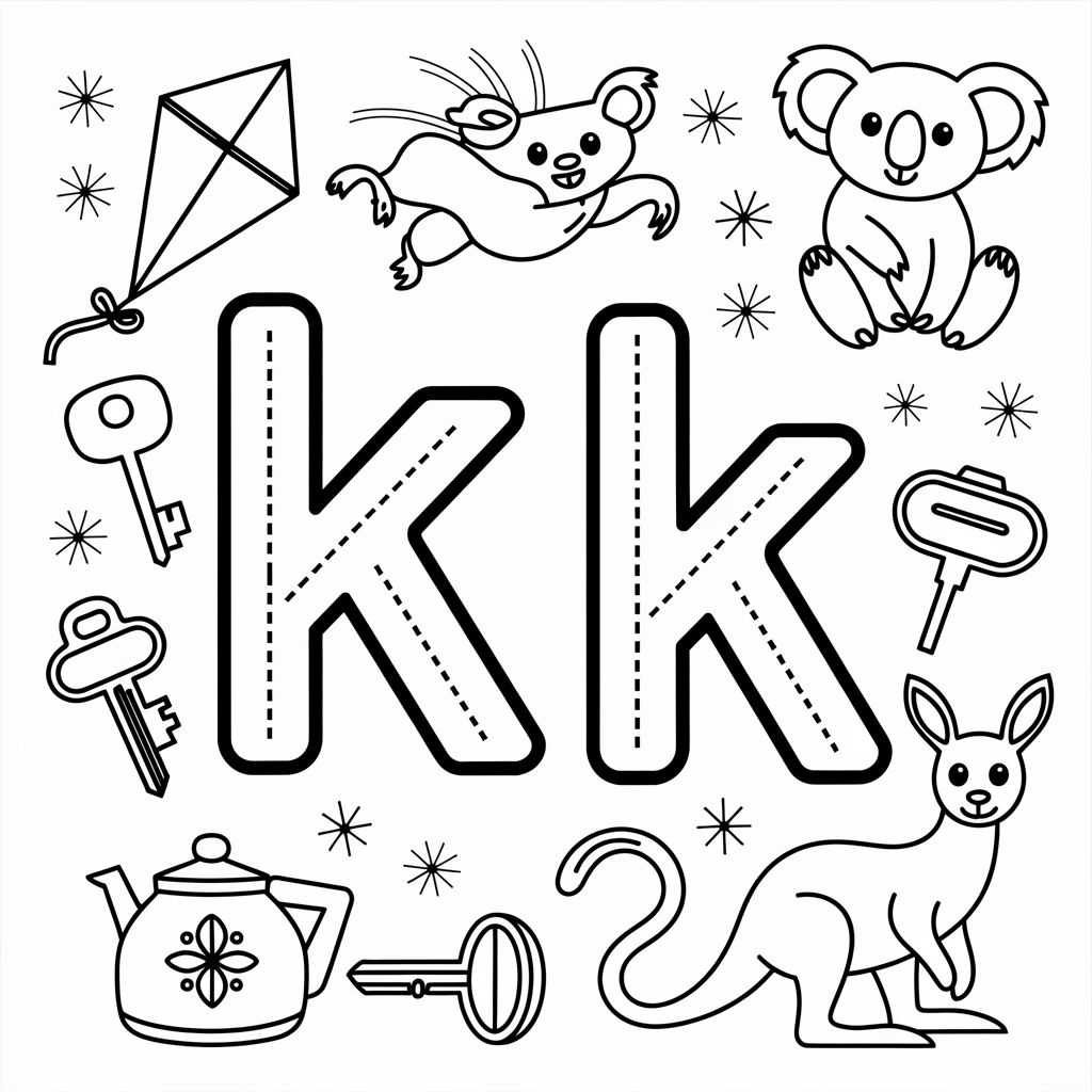 K is for Kite, Koala & Keys Coloring Fun