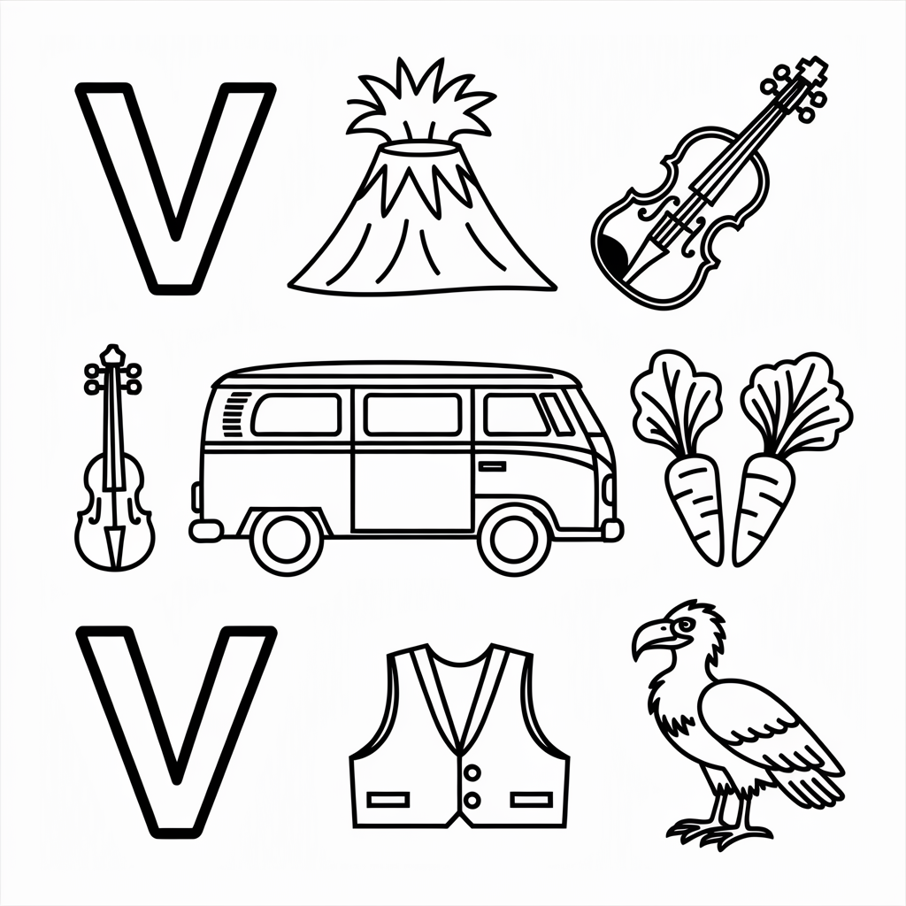 V is for Volcano and Violin Coloring Page