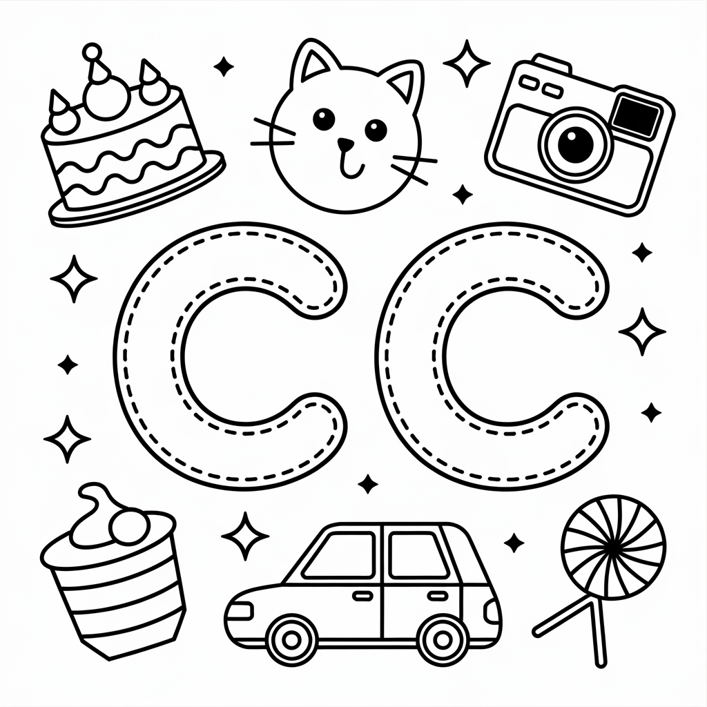 C is for Camera, Cake & Car Coloring Fun
