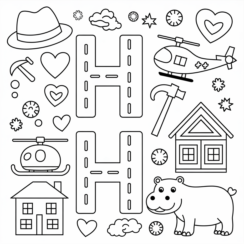 H is for Hat and Hammer Coloring Page