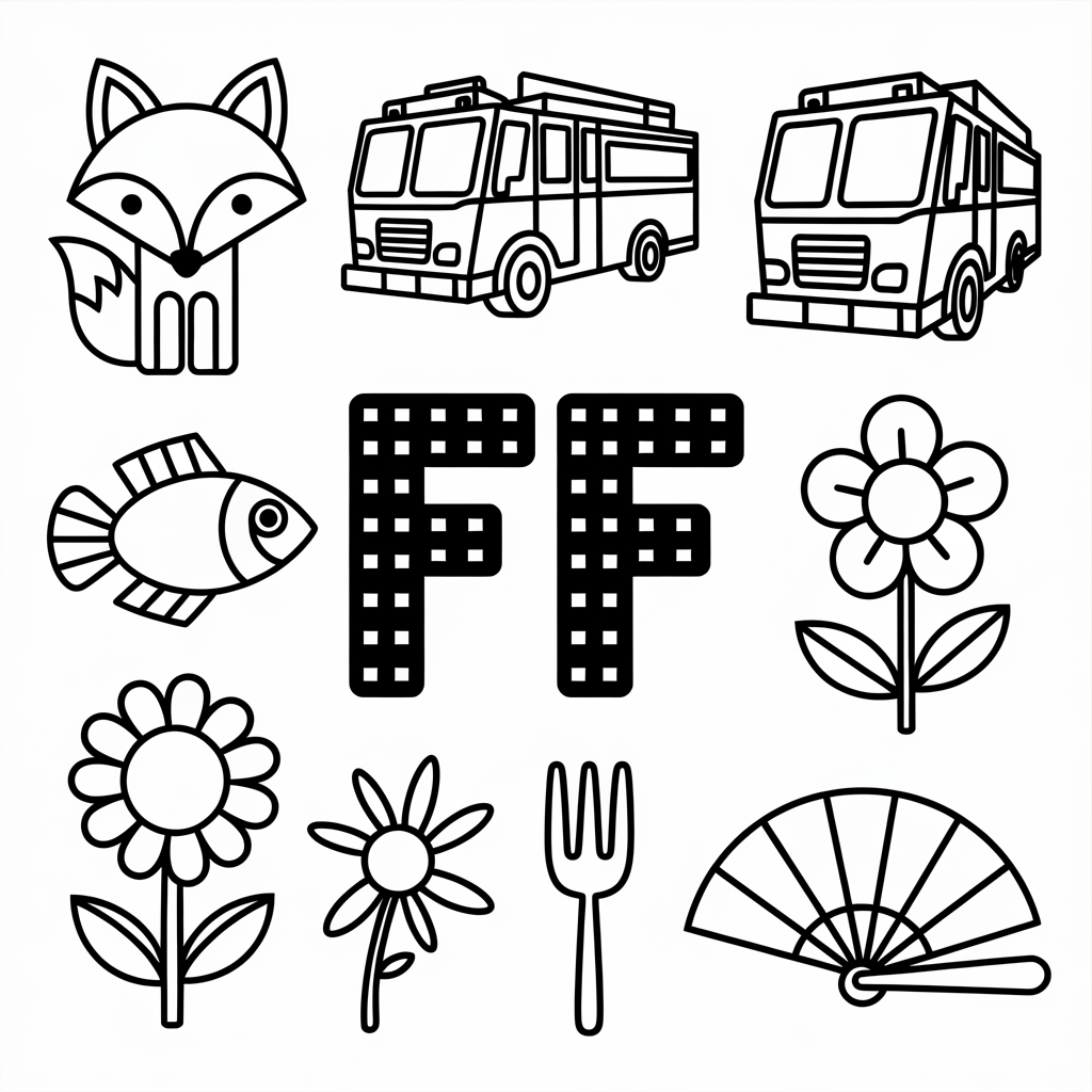 F is for Fire Truck and Fox Coloring Page