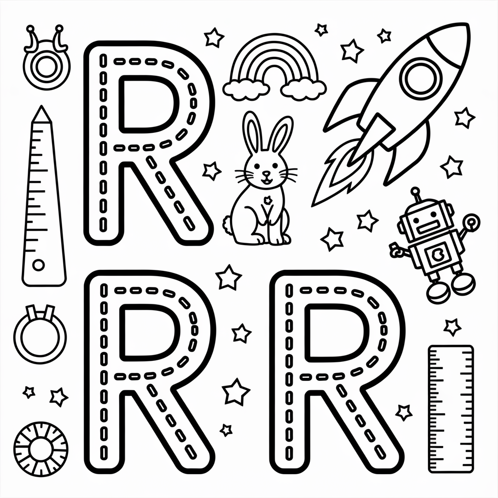 R is for Rainbow and Rocket Coloring Page