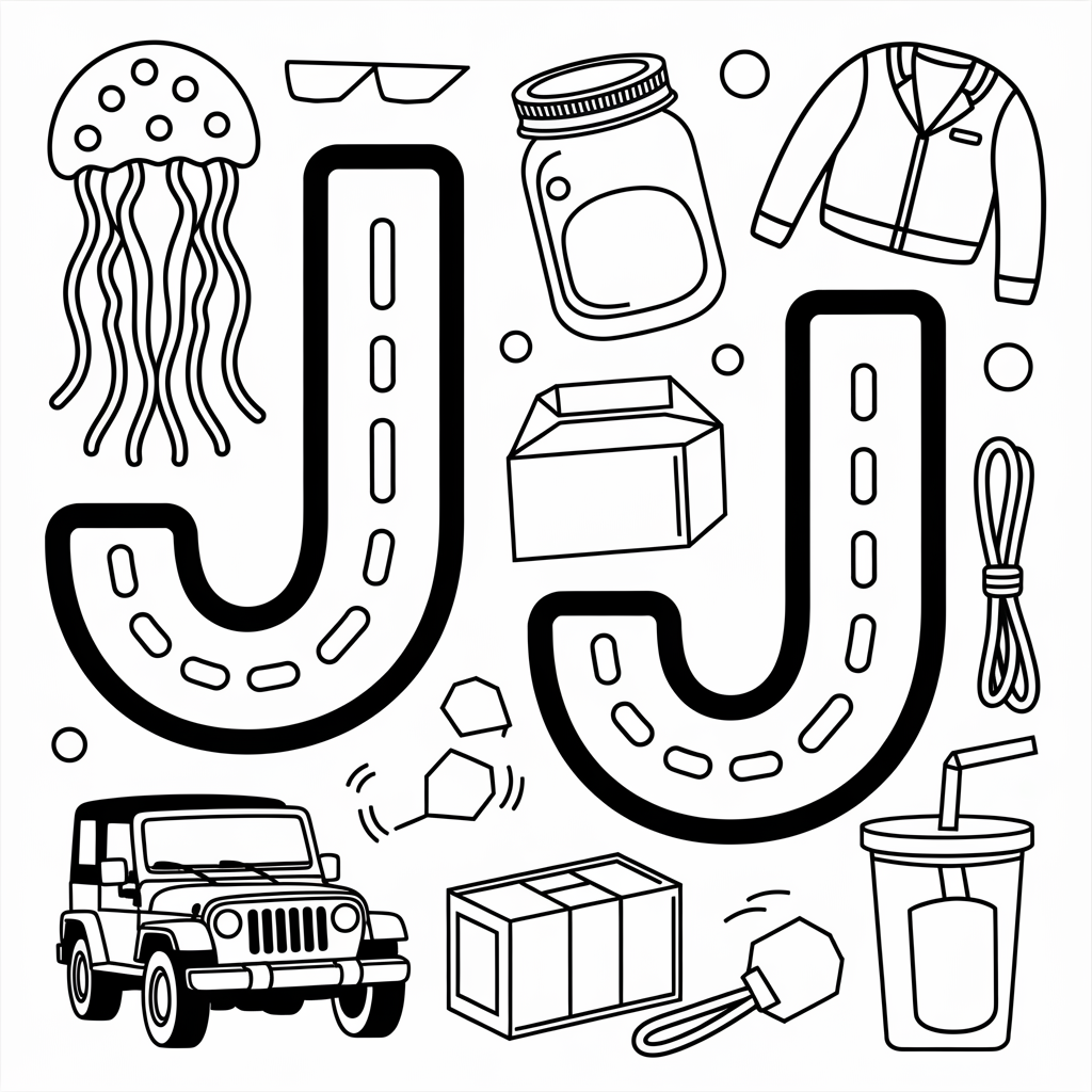 J is for Jellyfish and Jacket Coloring Page