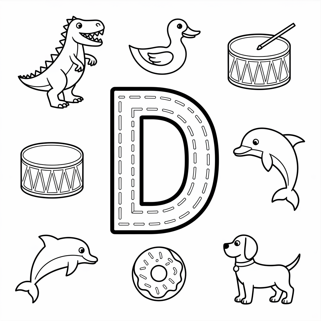 D is for Dinosaur and Dolphin Coloring Page