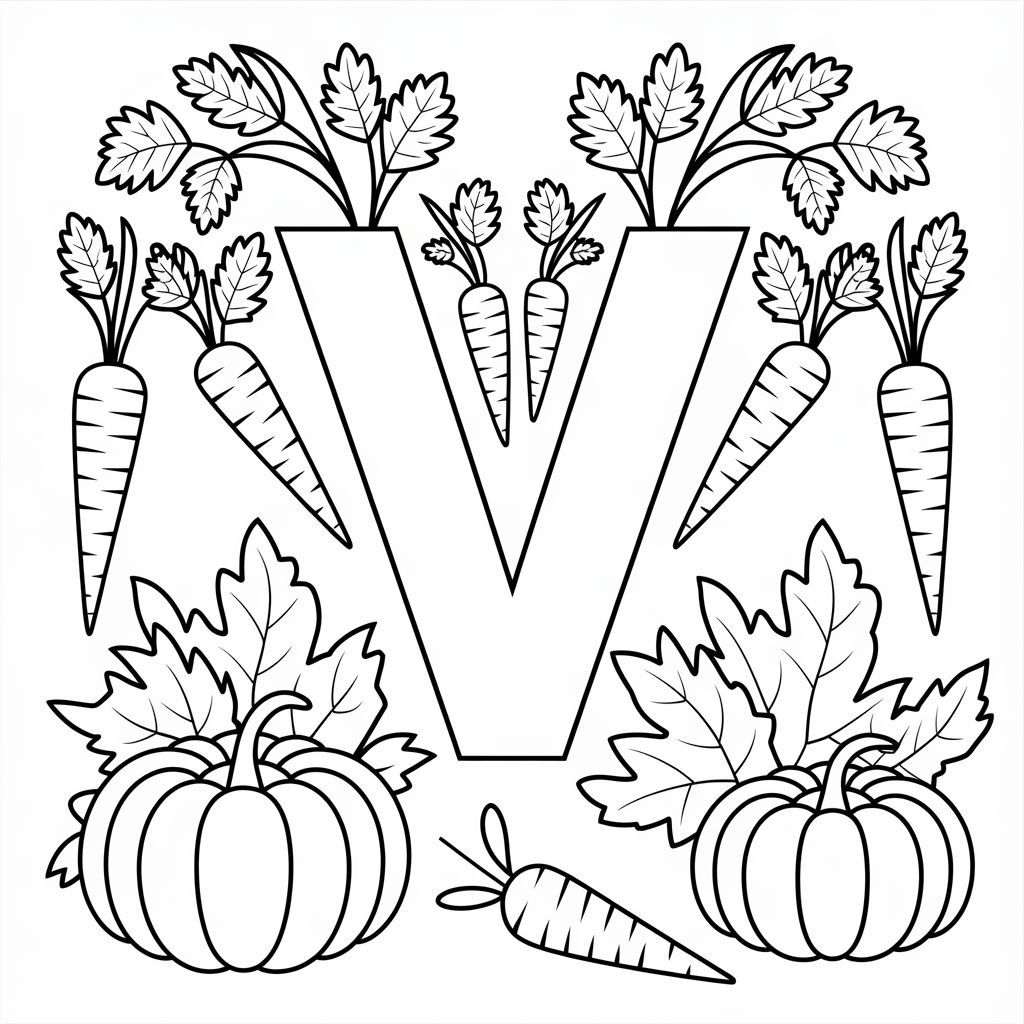 Cute “V is for Vegetables Garden” Coloring Pages