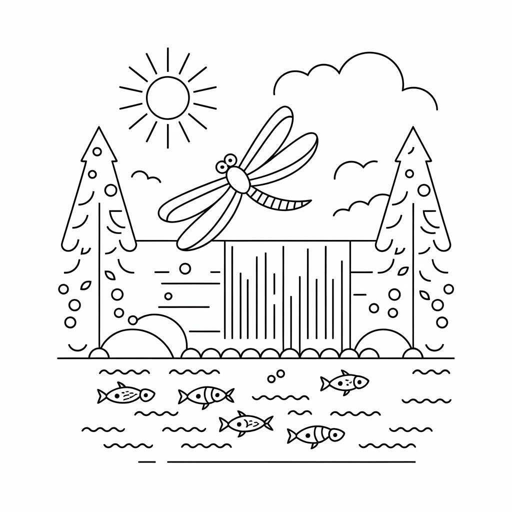 Dragonfly Near a Waterfall