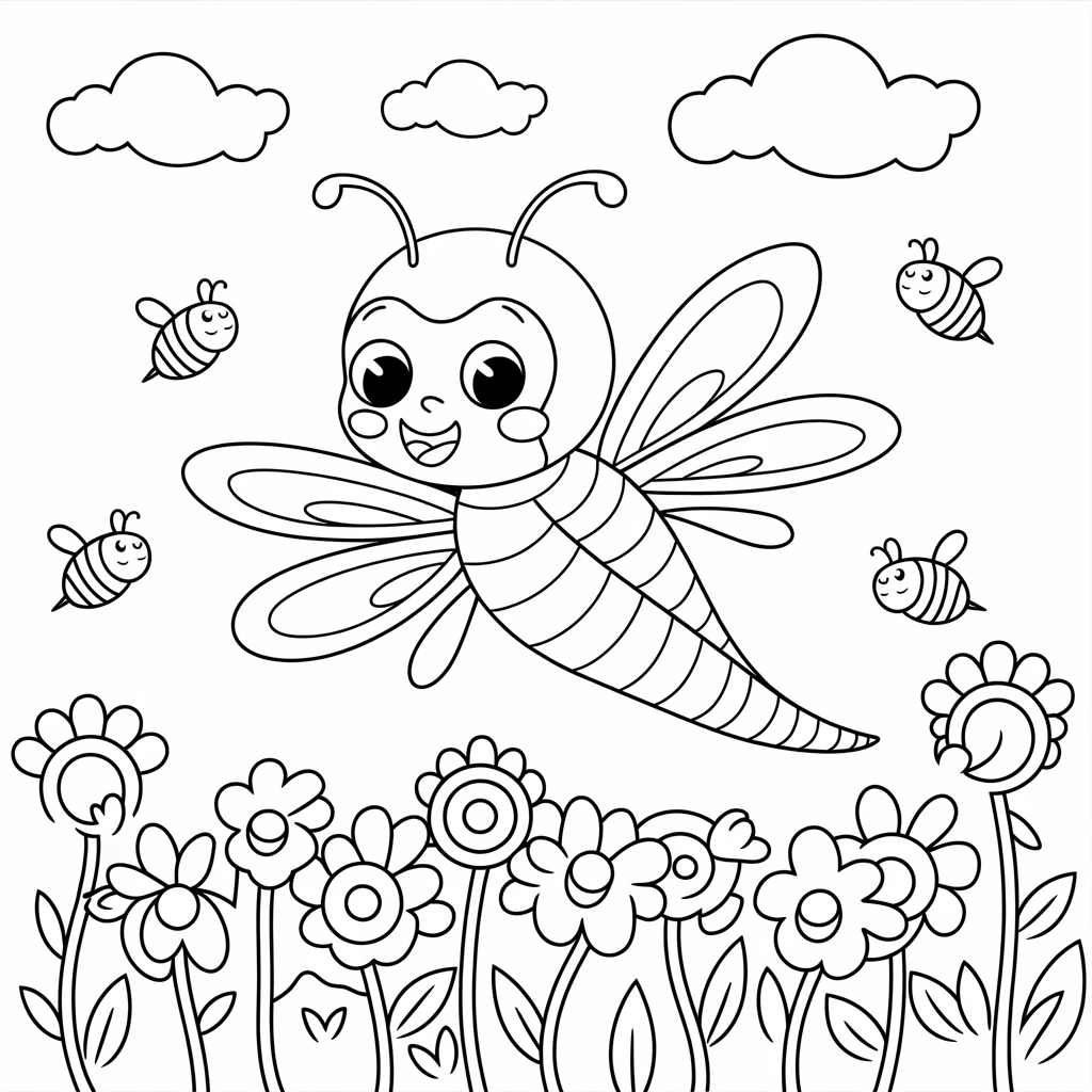 Smiling Dragonfly in a Flower Garden