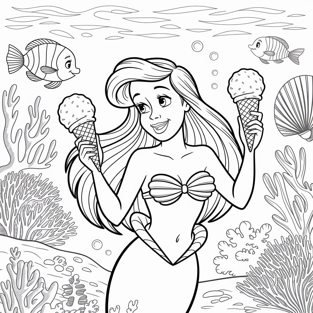  Ariel Mermaid Ice Cream Reef Coloring Page 