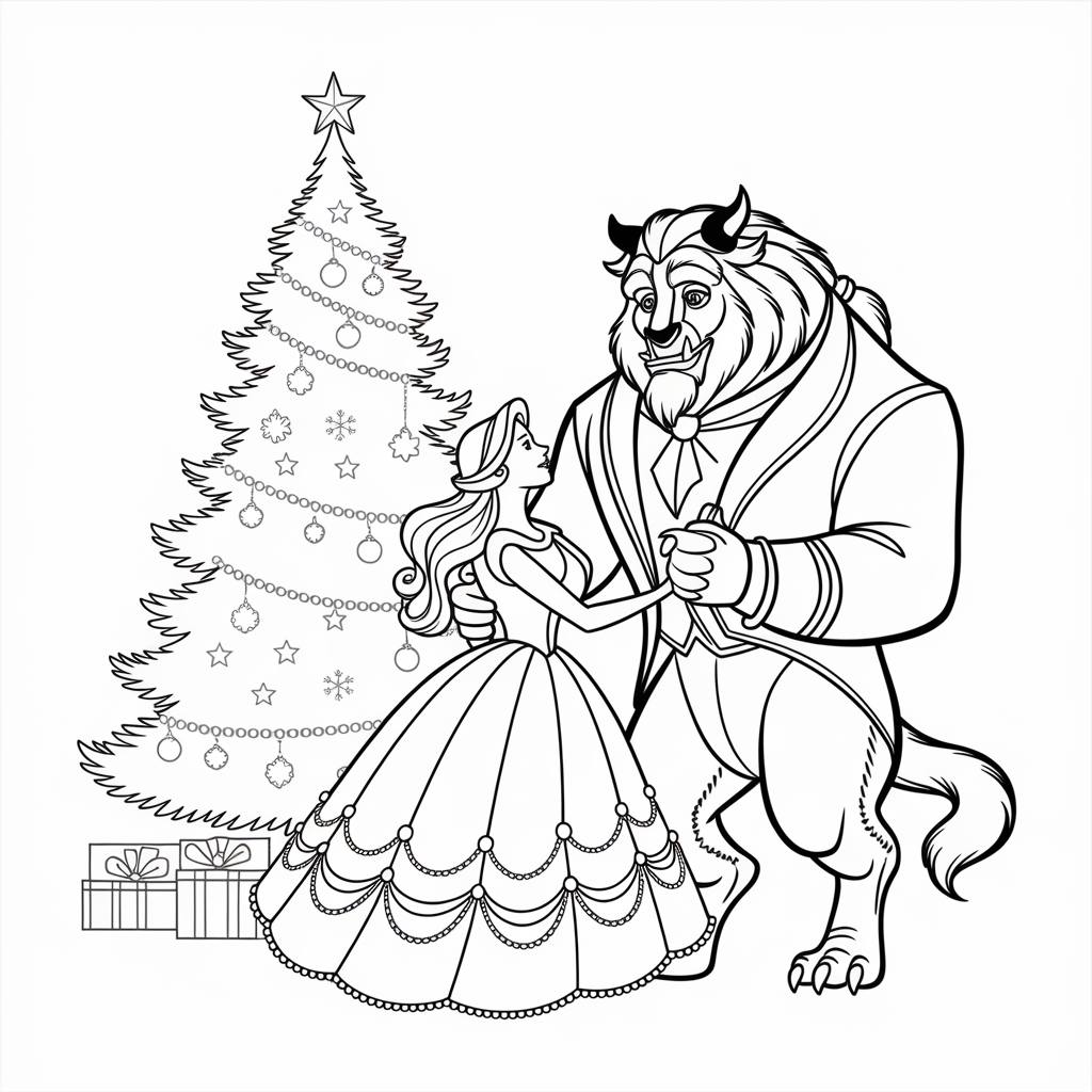 Beauty and the Beast Christmas Coloring Page 