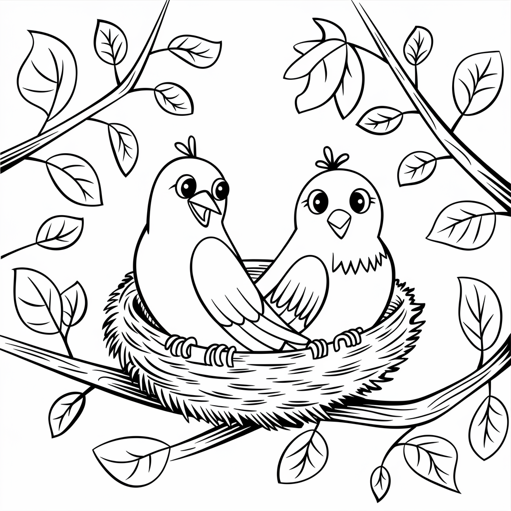 N for Nest and Birds Coloring Pages