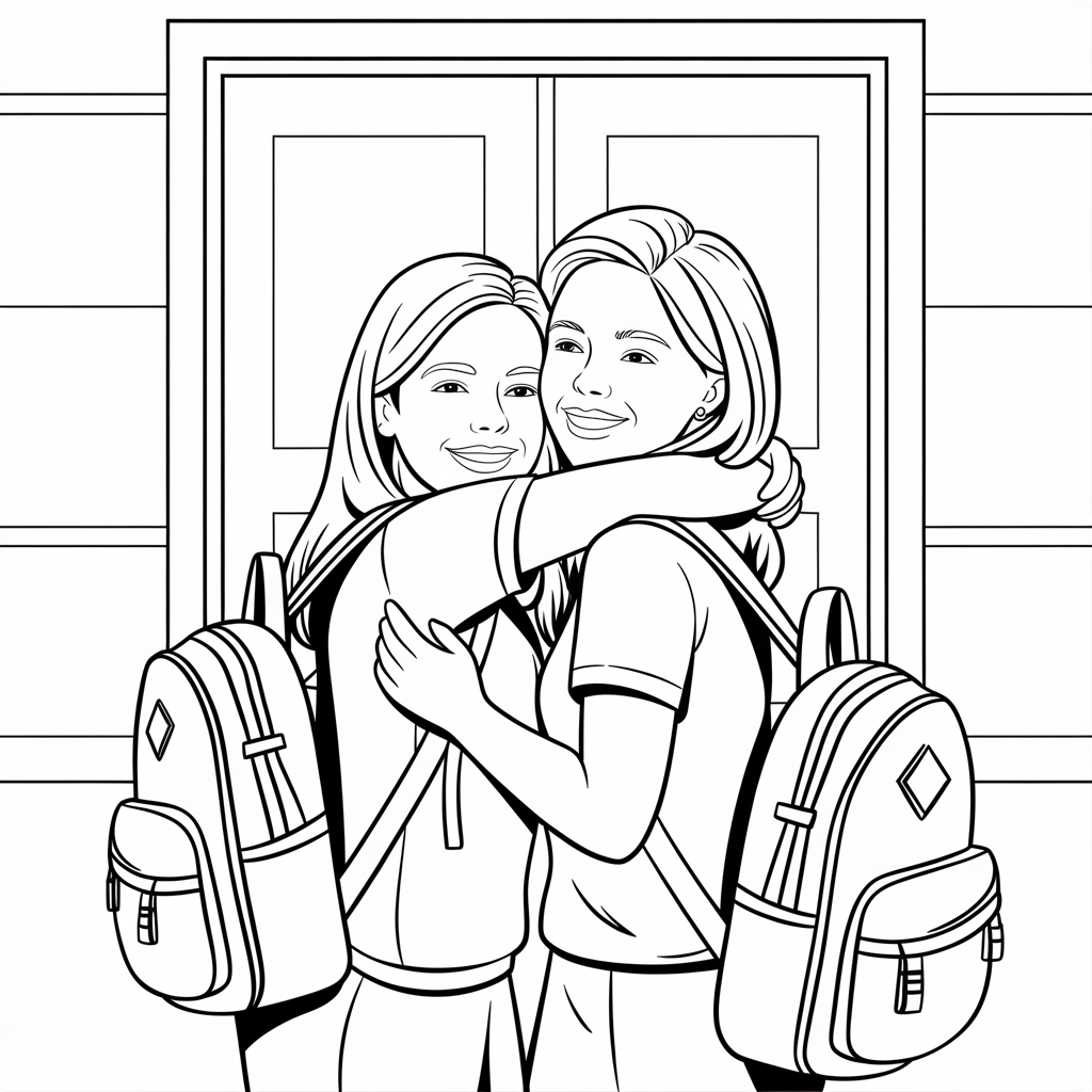 Friends Hugging at School Coloring Page