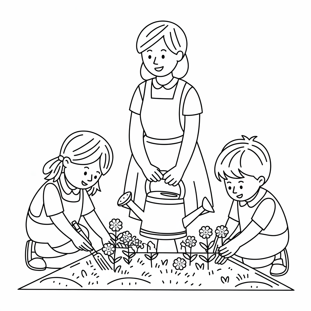 Planting Flowers in the School Garden Coloring Page