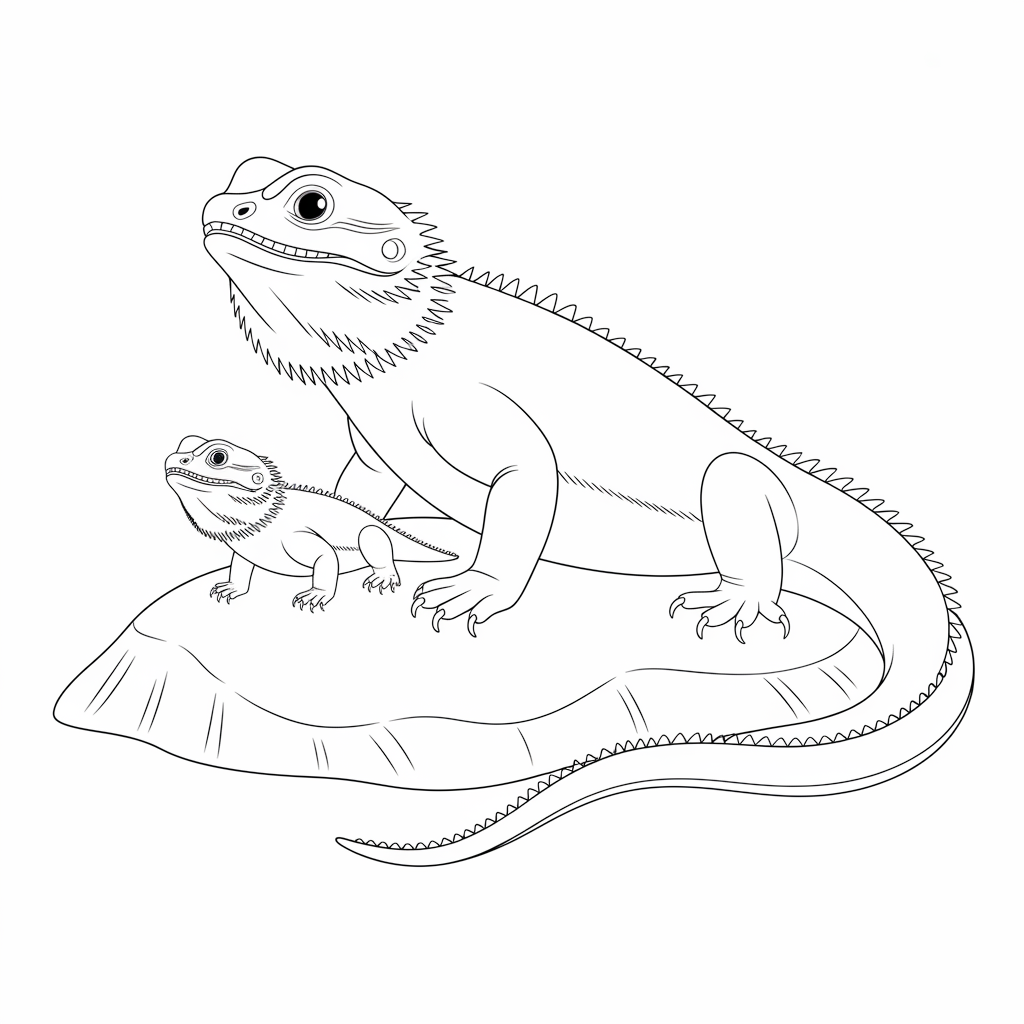 Mother bearded dragon and her baby sitting together on a rock coloring page