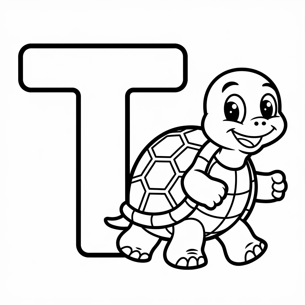 Cute Turtle T Coloring Page for Preschool Kids