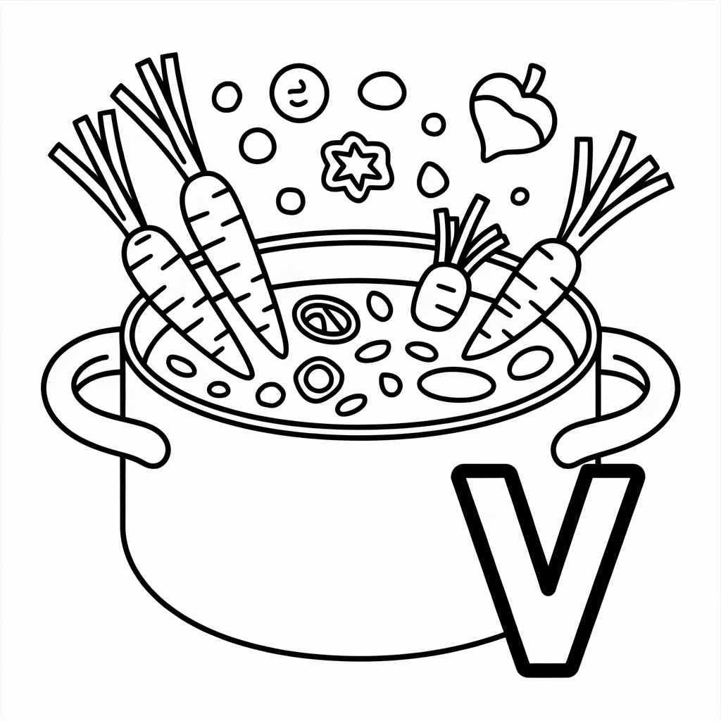 Printable “V is for Vegetables Soup” Coloring Pages