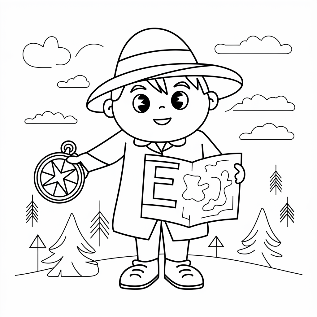 Educational E Coloring Pages with Cartoon Explorer Alphabet Scene
