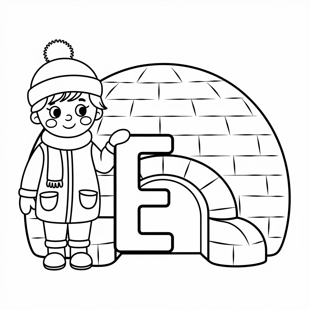 Easy E Coloring Pages Featuring Eskimo and Igloo Scene