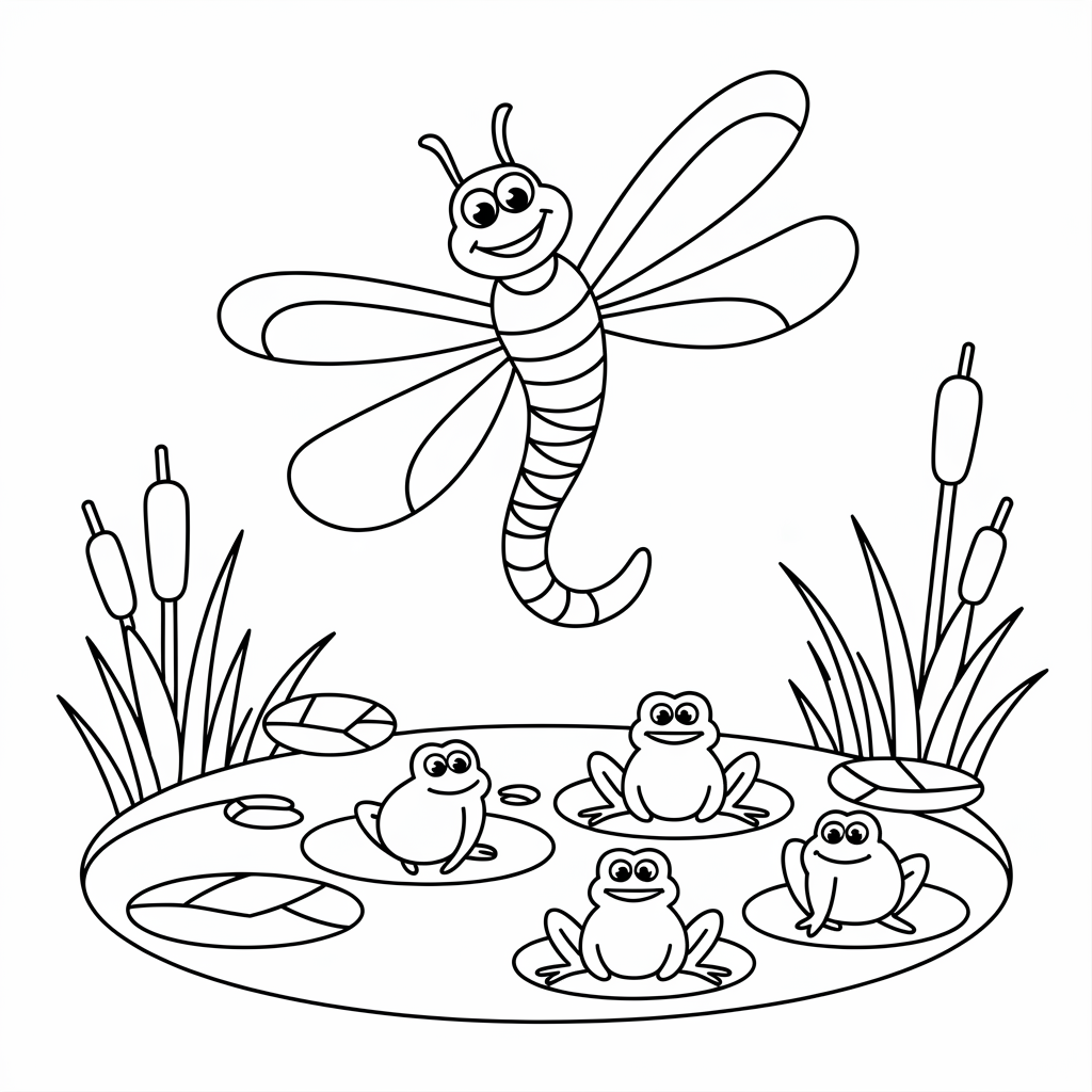 Dragonfly Over a Pond with Frogs