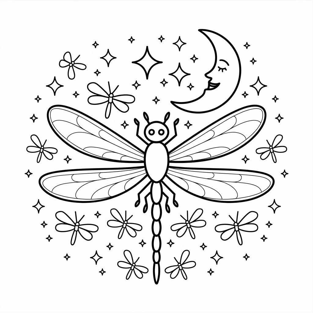 Dragonfly and Fireflies at Night