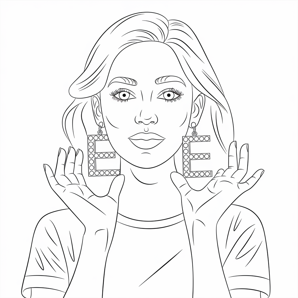Unique E Coloring Pages with Cute Earrings Character for Children