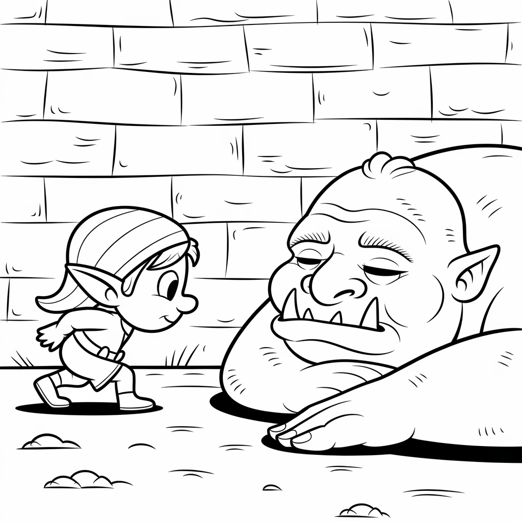 Halfling Rogue Sneaking Past an Ogre