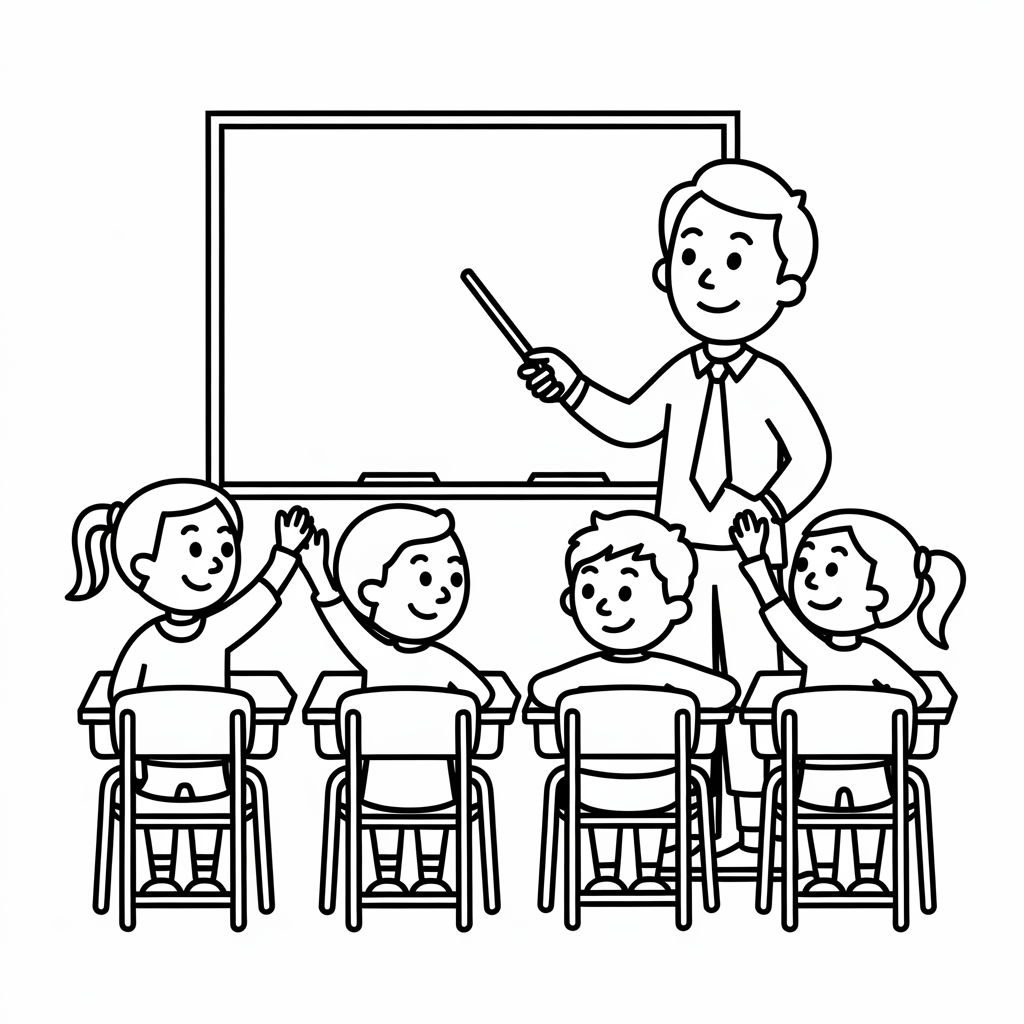 Students Raising Hands in Class Coloring