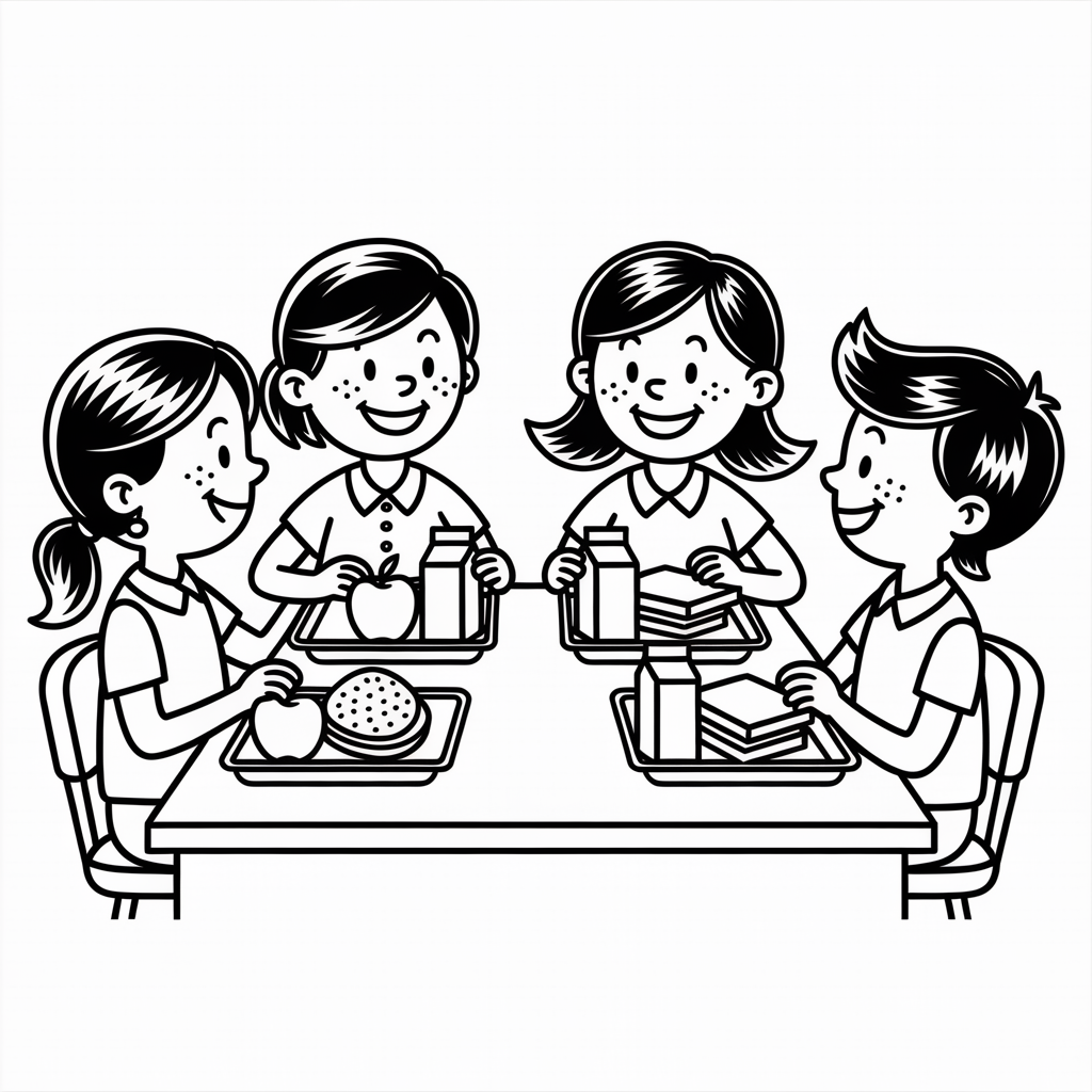  Lunch with Friends at School Coloring Page