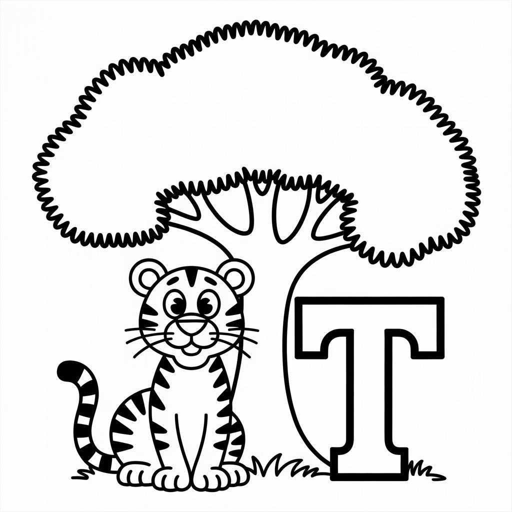 T for Tiger and Tree Coloring Page Combo
