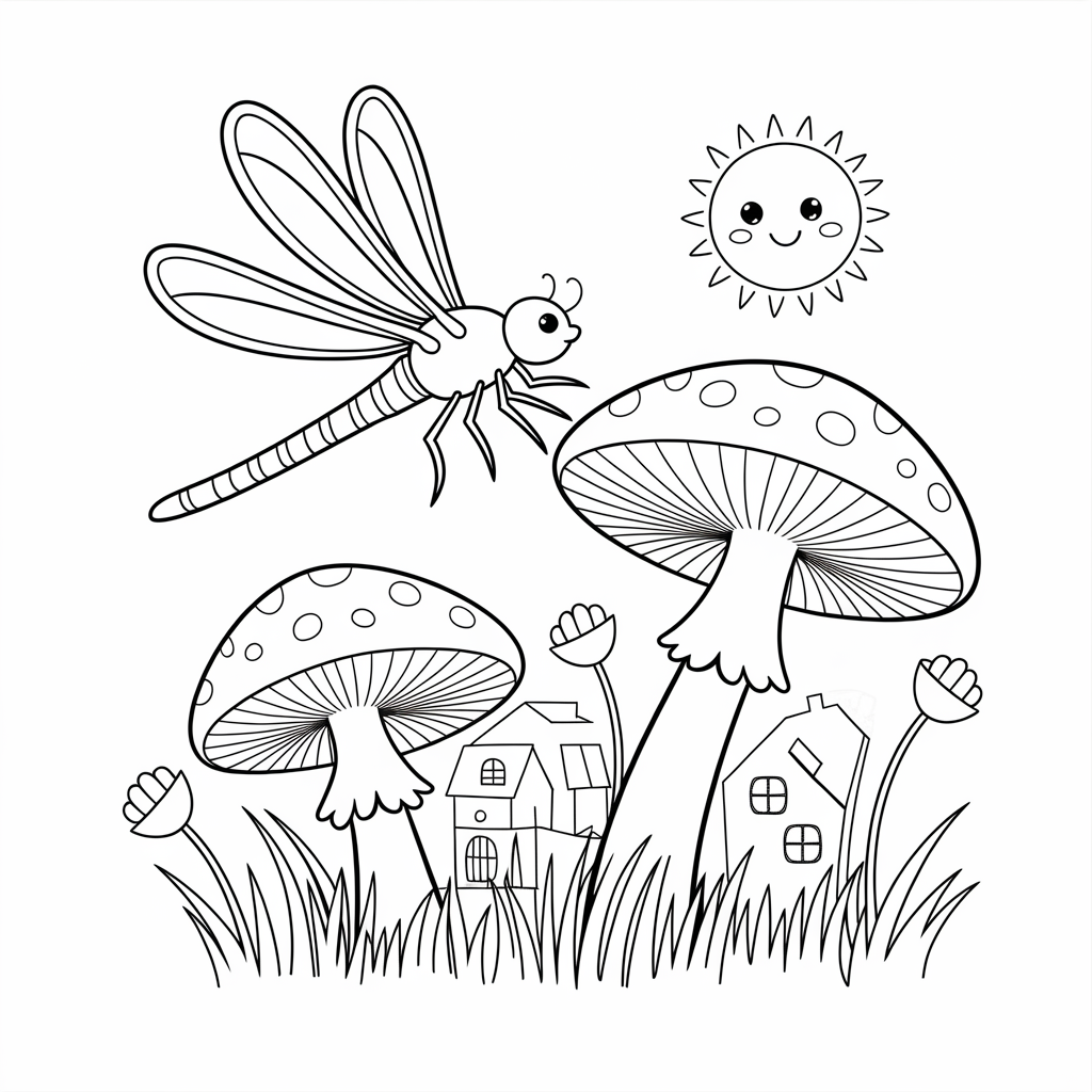 Dragonfly in a Mushroom Village