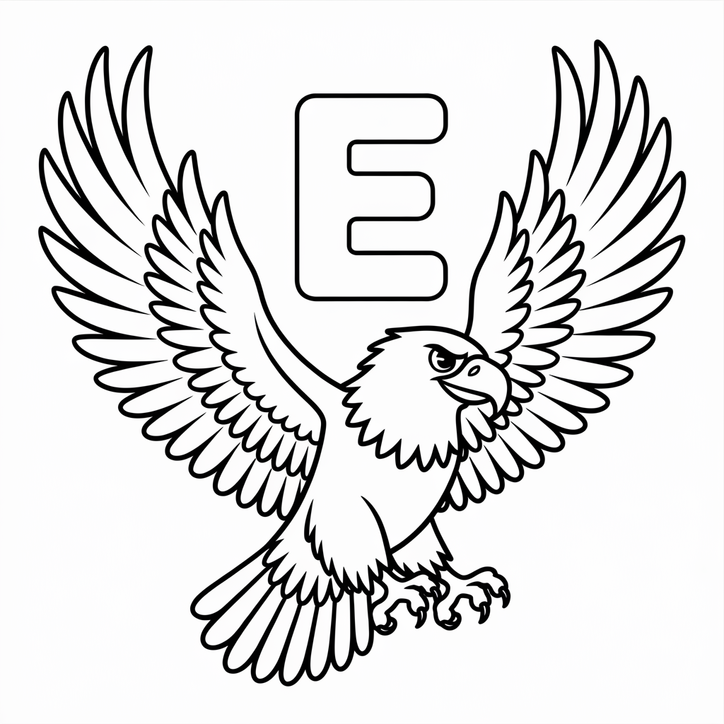 Free Printable E Coloring Pages with Cartoon Eagle for Children