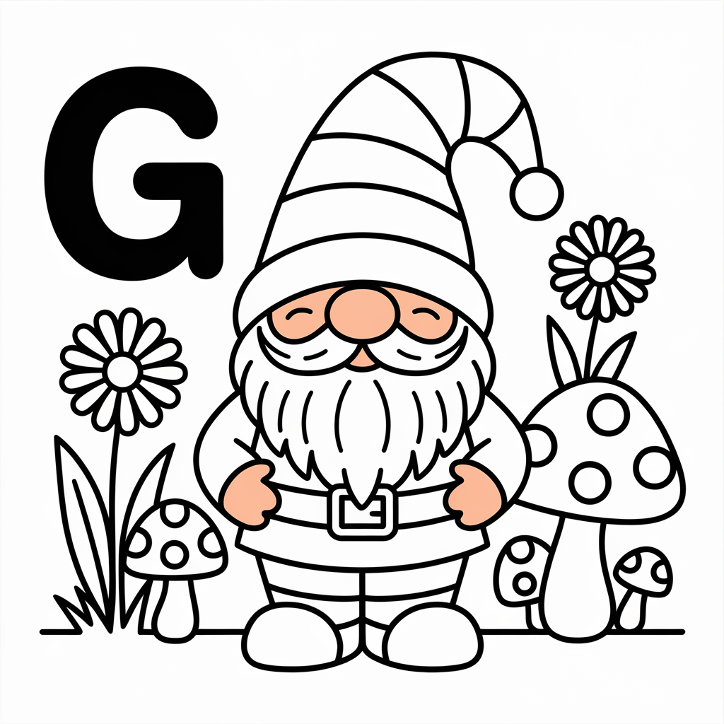 Magical G is for Garden Gnome Coloring Pages for Kids