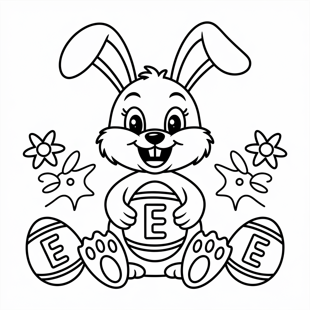 Printable E Coloring Pages with Easter Bunny and Eggs