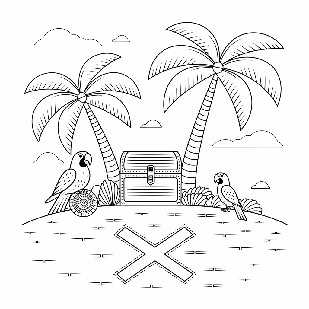 Treasure Island with Big X Coloring Page Image