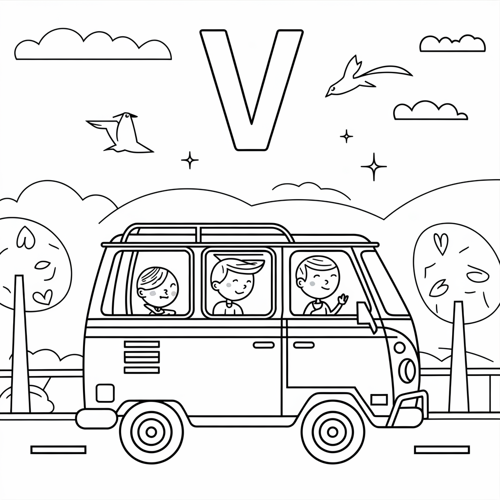 Easy “V is for Van” Coloring Pages