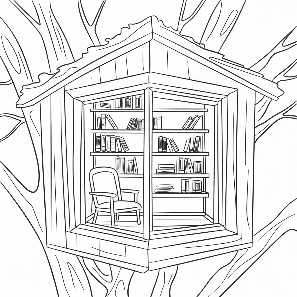 Realistic Treehouse Library in the Forest Coloring Page