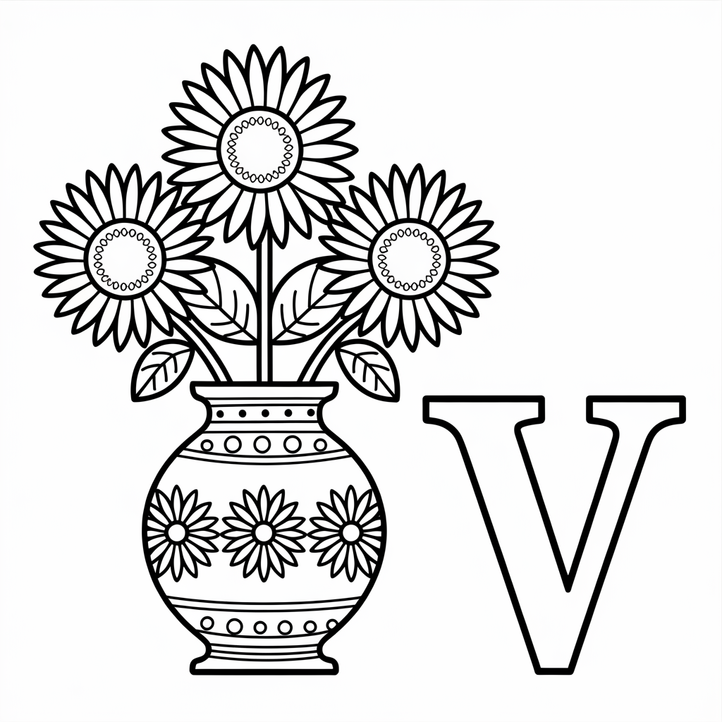 Easy “V is for Vase with Flowers” Coloring Pages