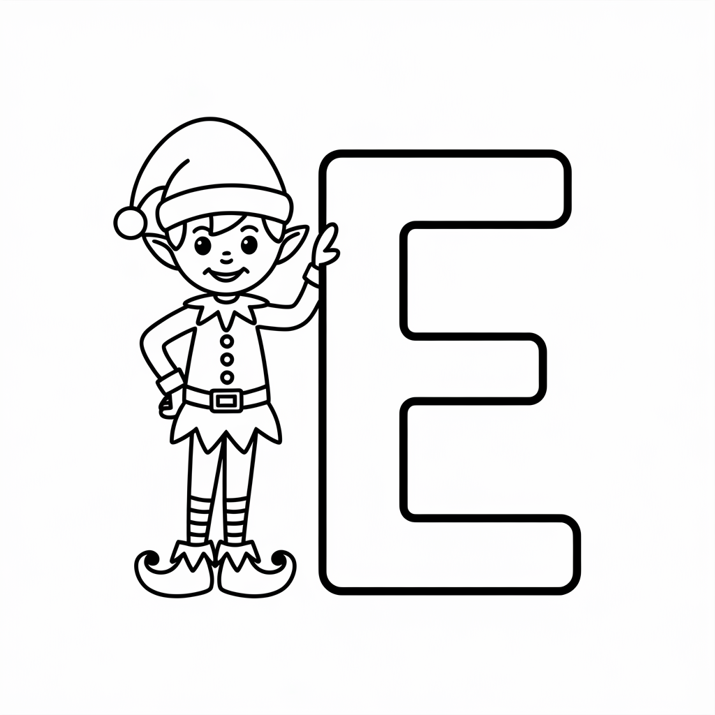 Creative E Coloring Pages Featuring a Funny Cartoon Elf
