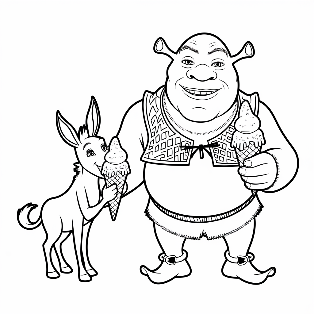 Shrek and Donkey Ice Cream Treat Coloring Page 