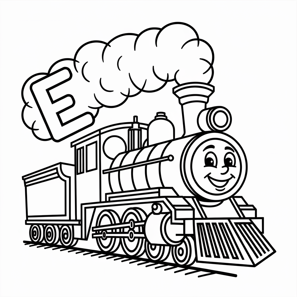 Cute E Coloring Pages with Cartoon Train Engine for Preschoolers