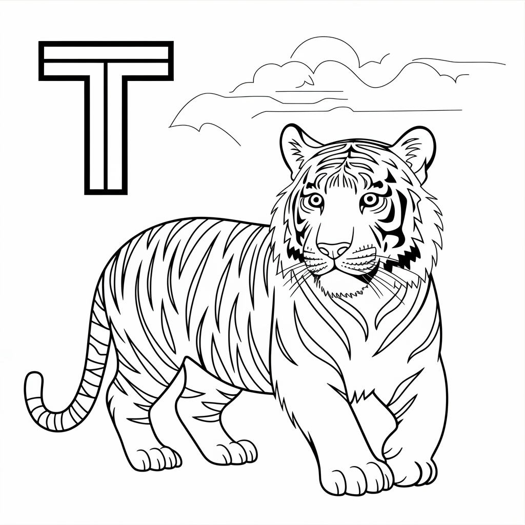 T for Tiger Coloring Page Free Download