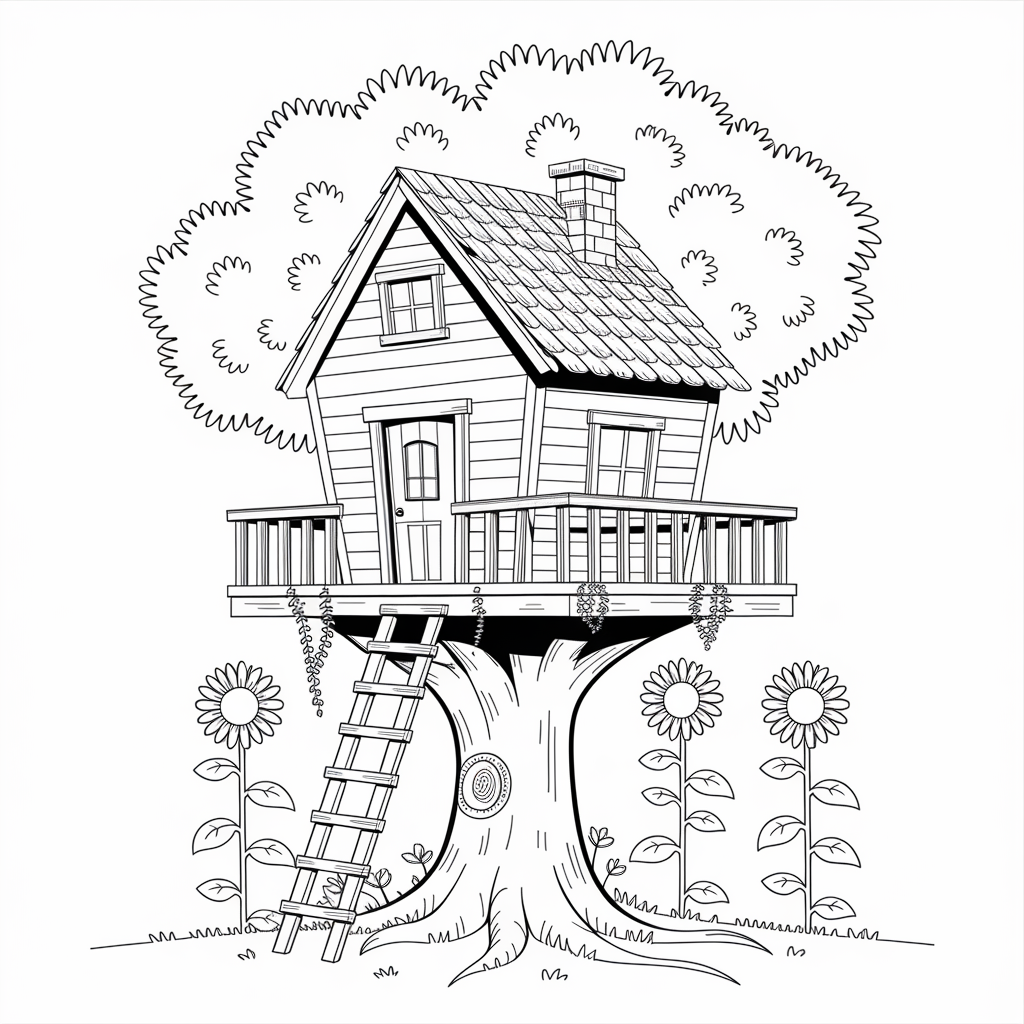 Sunflower Garden Treehouse Coloring Sheet