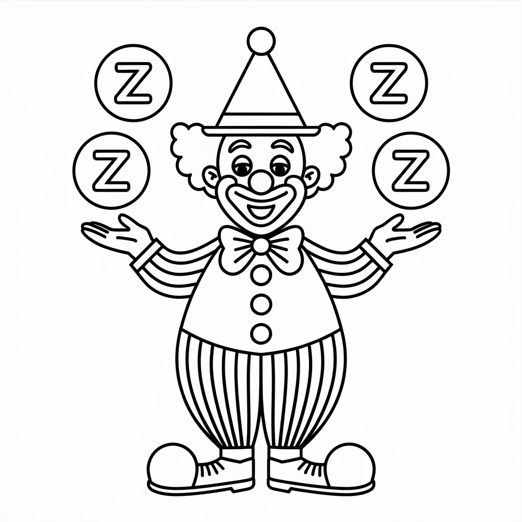Zany Clown Coloring Page with Letter Z