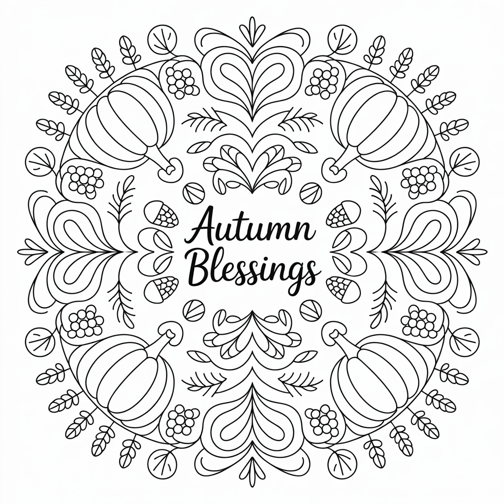 Intricate Autumn Mandala with Pumpkins and Leaves 