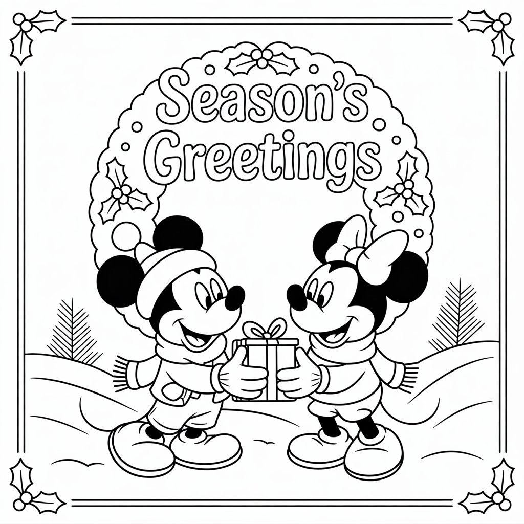 Mickey and Minnie Christmas Card Coloring Sheet Free Download