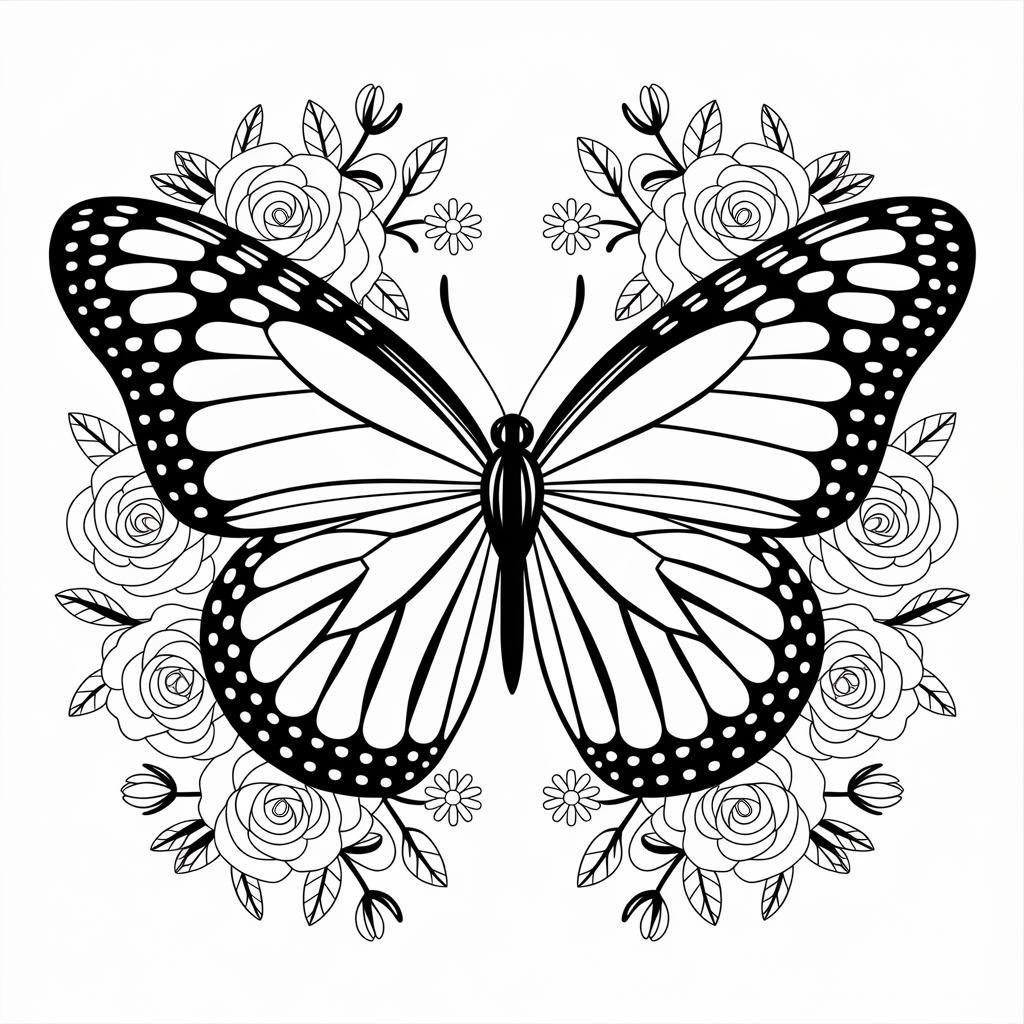 Butterfly Coloring Pages with Garden Flowers 