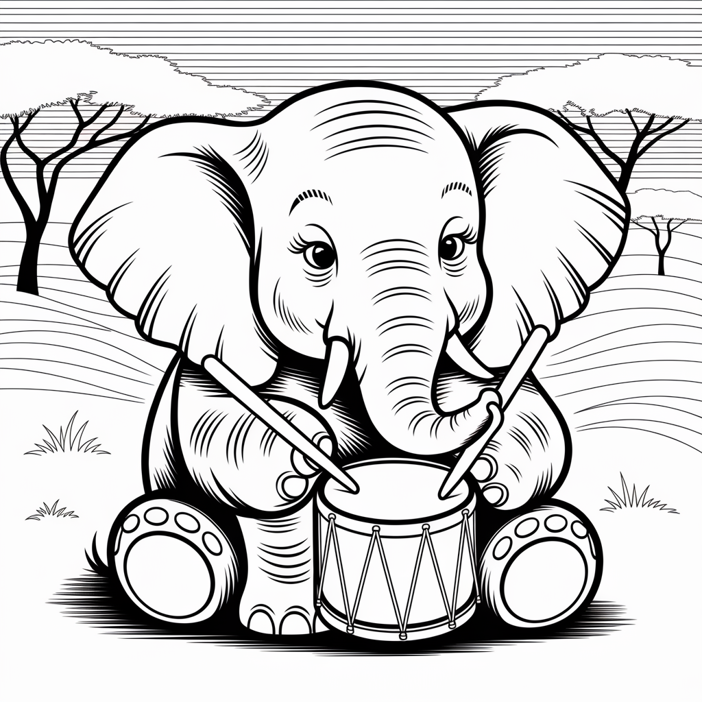 Elephant Playing Drum Coloring Sheet